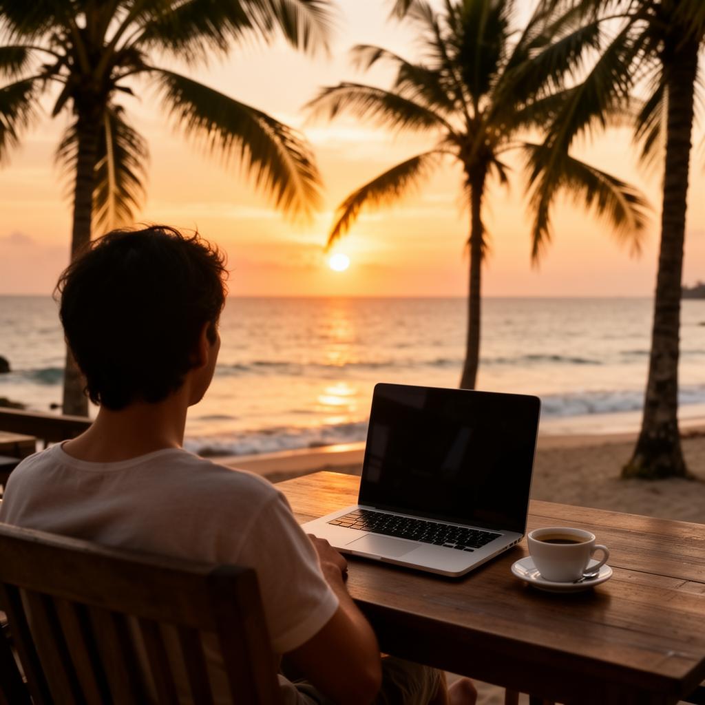 Digital nomad working on laptop at beachside cafe with unlimited data
