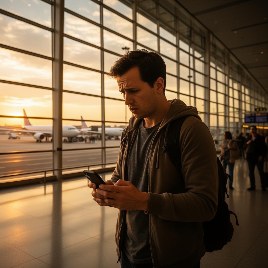 Traveler using smartphone on colorful European cobblestone street
