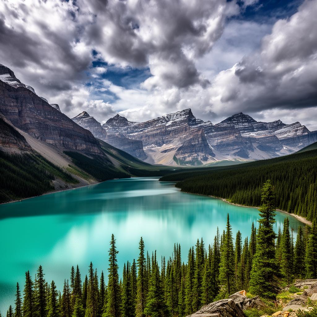 Traveler checking phone signal by turquoise lake in Canadian Rockies