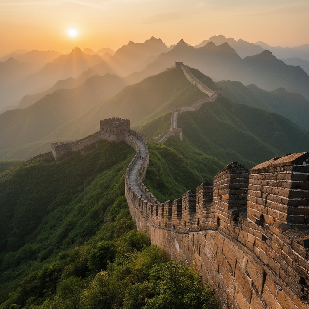 Great Wall of China with smartphone showing eSIM activation at sunrise