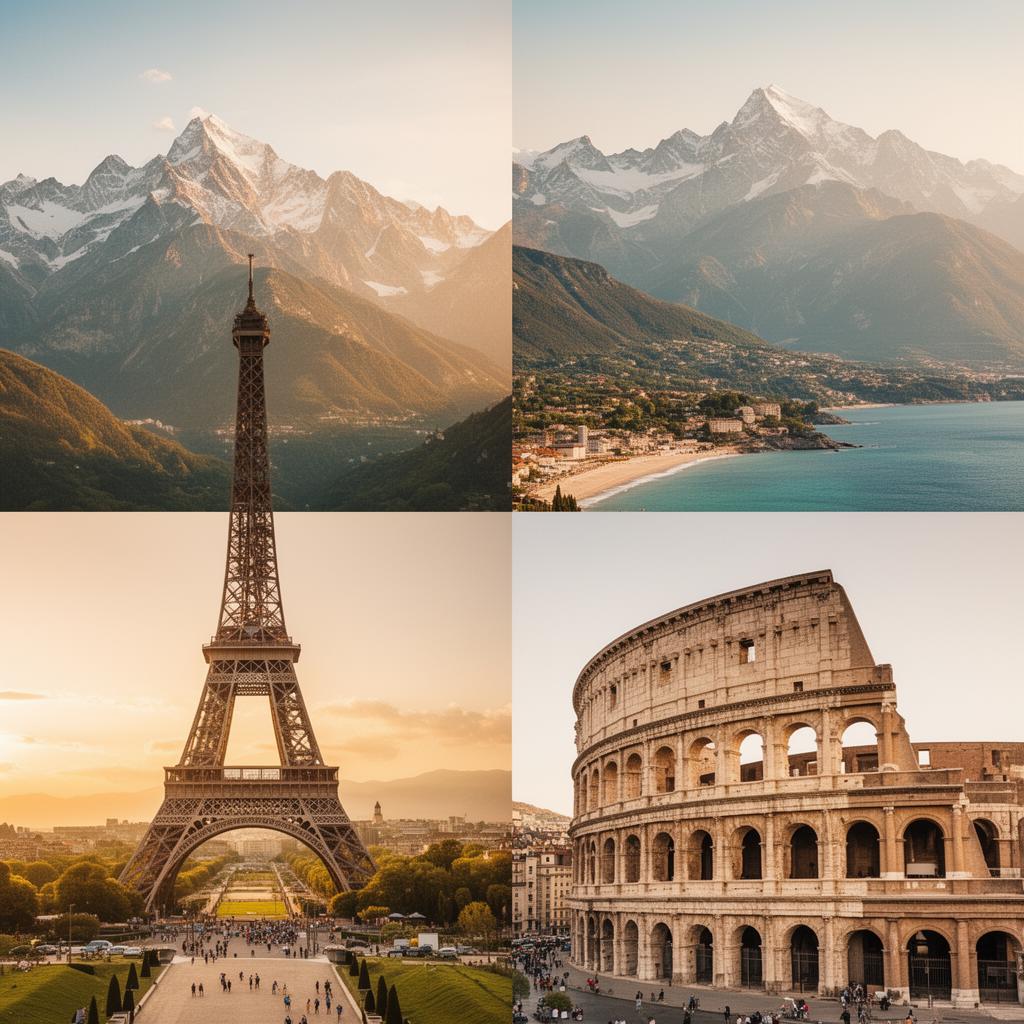 European travel destinations collage featuring Paris, Alps, Rome and Barcelona with connected phone