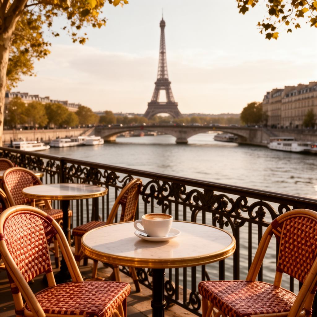 Woman using phone at Parisian terrace cafe with Eiffel Tower in background