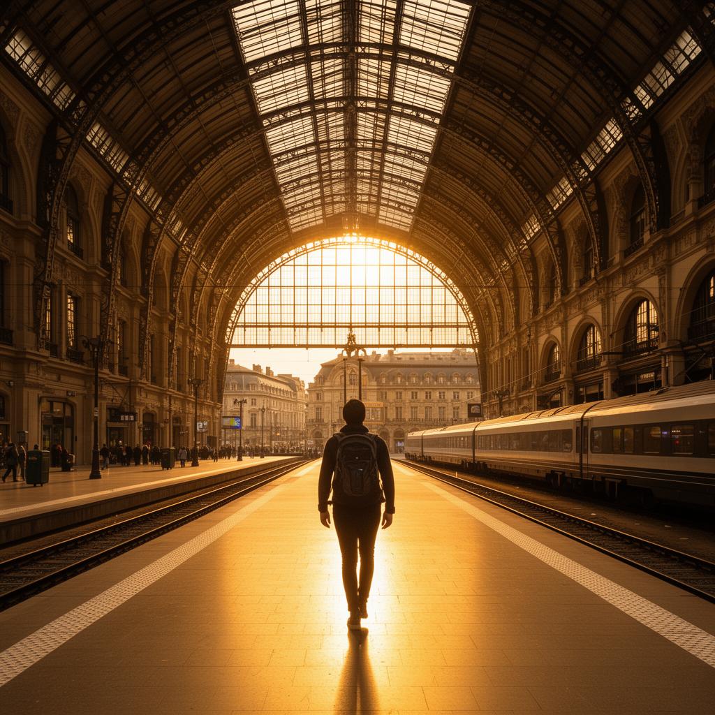 Traveler scanning an eSIM QR code on a smartphone at a train station